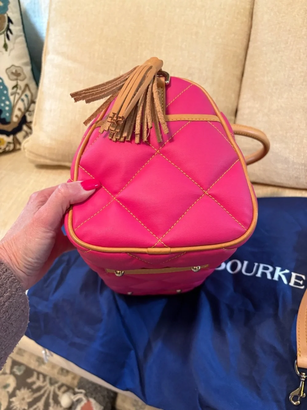 Dooney & Bourke Fuchsia Quilted Satchel with Tan Leather Trim - Picture 7 of 12